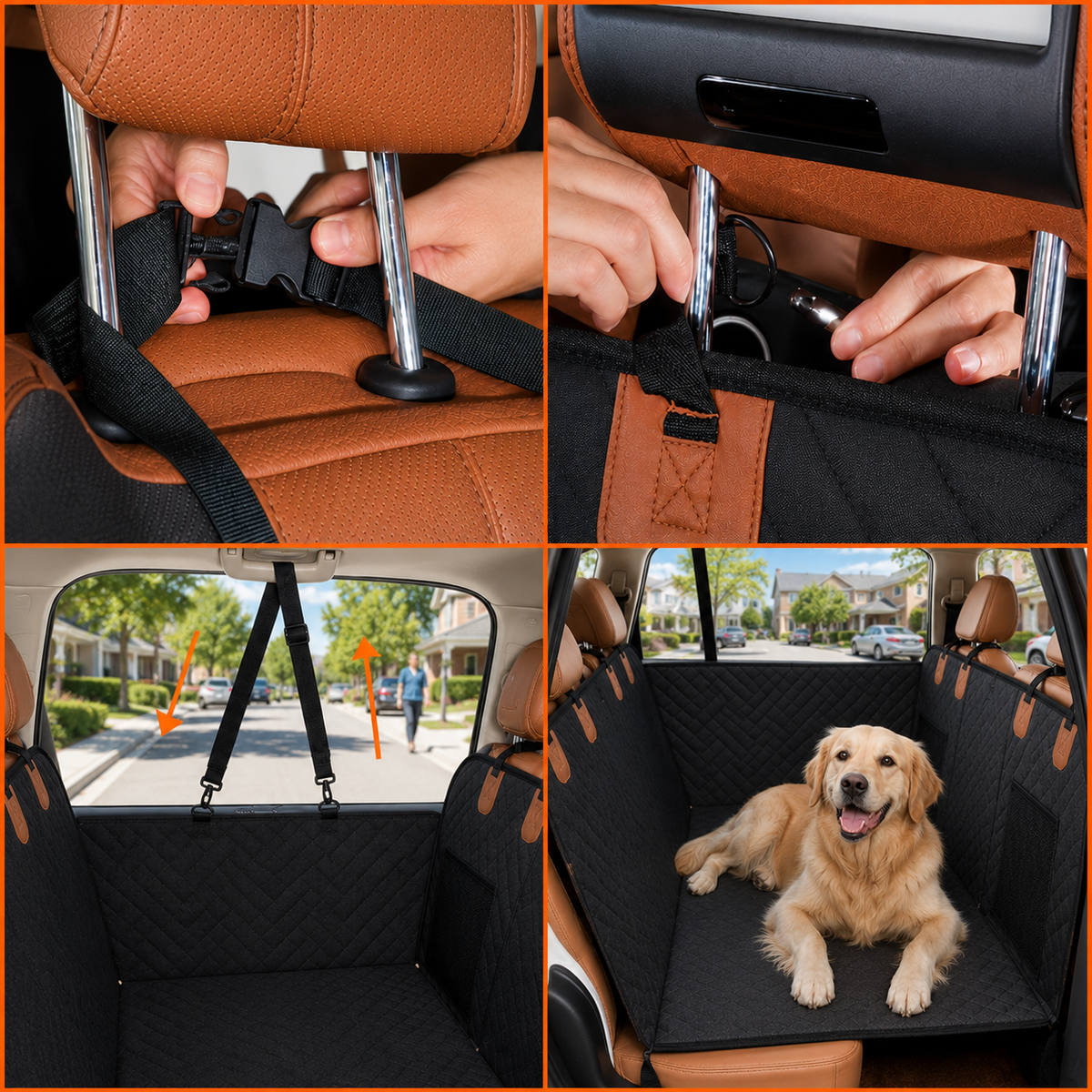 A 2x2 collage showing a dog car seat cover installed in a car. The top-left panel shows the cover being attached to the rear seat with a buckle strap, with a person's hands visible.