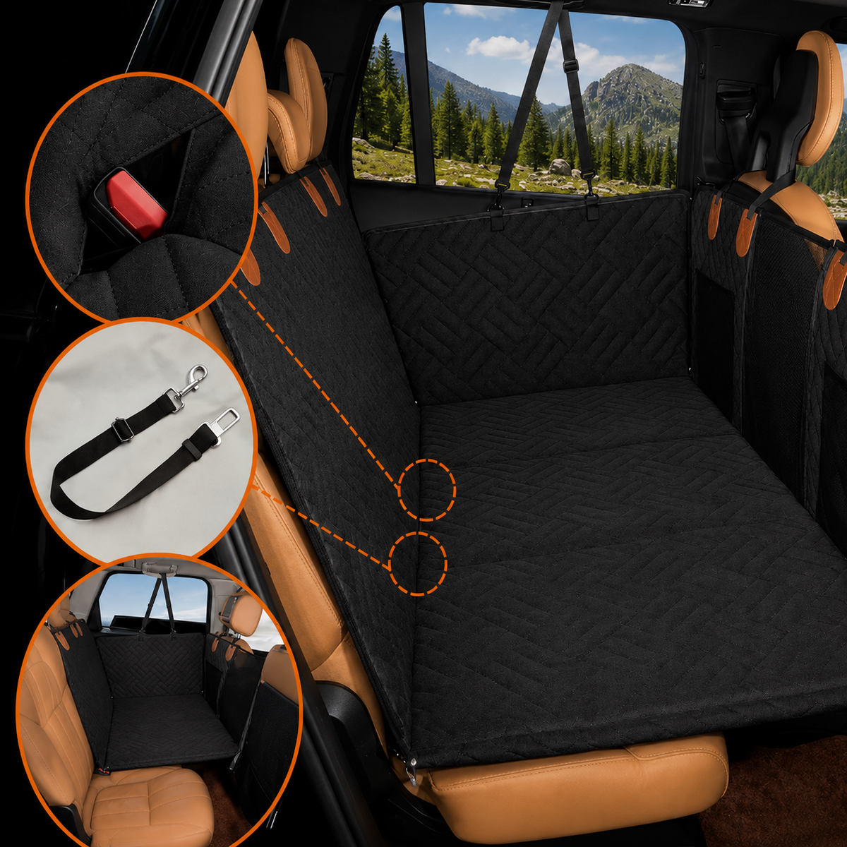 A black dog car seat cover shown installed across the rear seats of a vehicle, with three circular inset detail views highlighting pockets, straps, and the liner fit. The vehicle interior has tan leather seats, and a mountain landscape is visible through the windows.