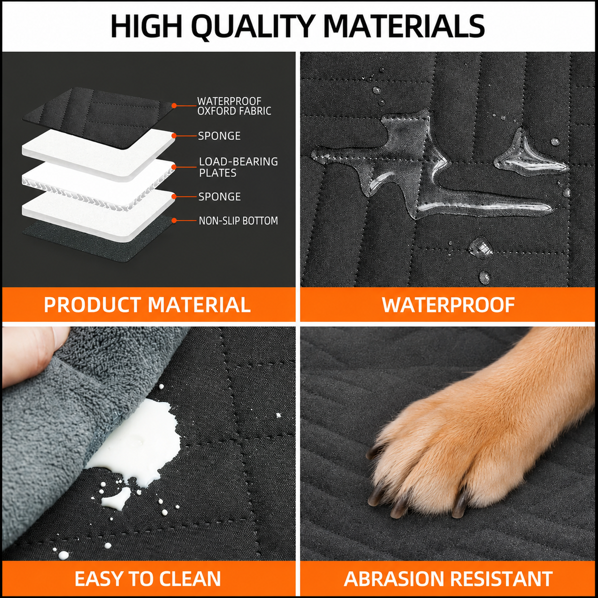 A 4-panel product feature graphic for a black dog car seat cover. The top-left panel shows a cross-section diagram labeled waterproof Oxford fabric, sponge, load-bearing plates, and non-slip bottom.