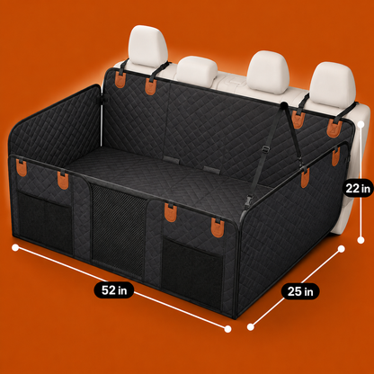 A black dog car seat safety barrier with brown leather-like accents and adjustable straps, shown installed over a white car seat. White dimension lines and text labels indicate measurements of 52 in, 25 in, and 22 in against an orange background.
