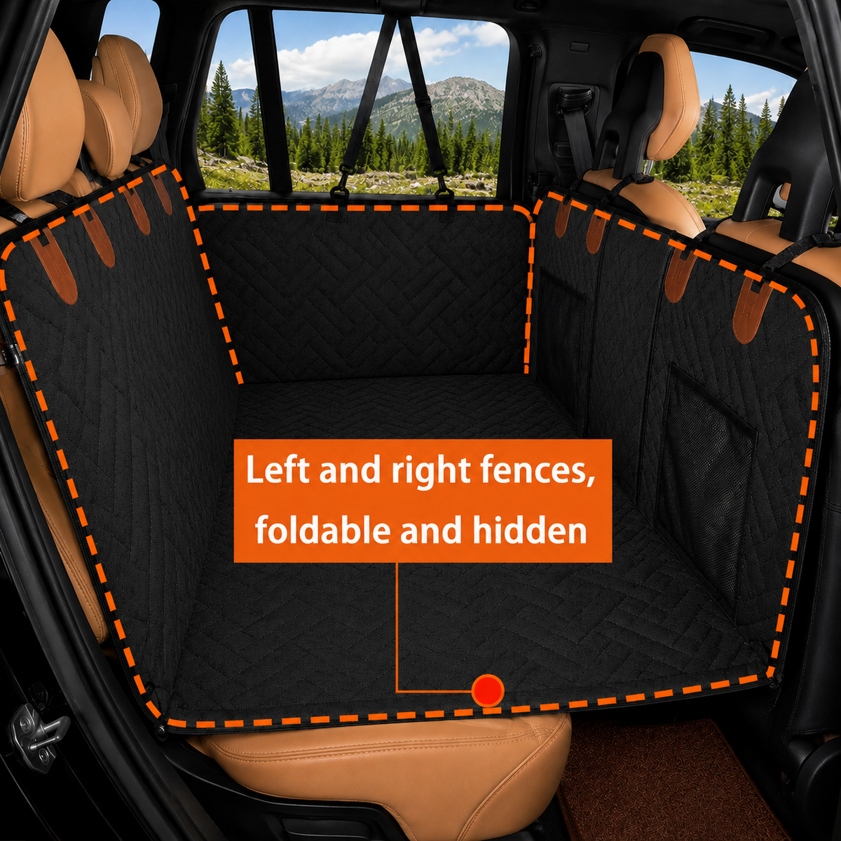 Black dog car seat cover set installed in the back of a vehicle, with orange dashed outline markings showing foldable left and right fences. The image includes an orange text overlay describing the product features.