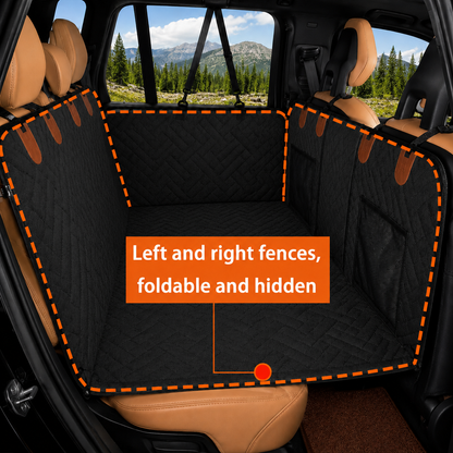 Black dog car seat cover set installed in the back of a vehicle, with orange dashed outline markings showing foldable left and right fences. The image includes an orange text overlay describing the product features.